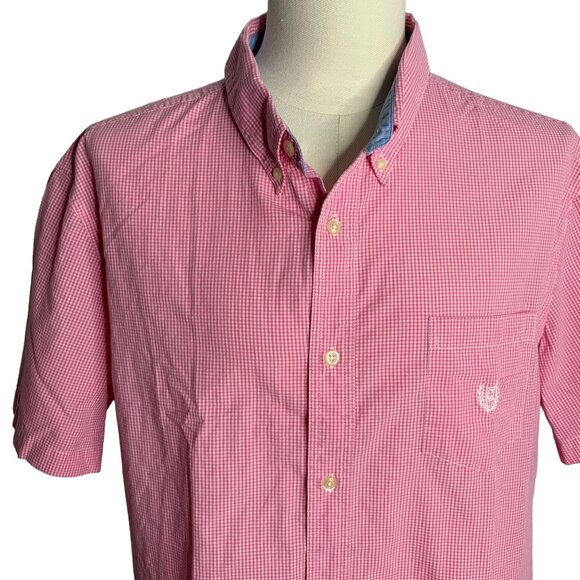 Chaps Mens Pink Gingham Short Sleeve Button-Down Shirt XXL Custom Fit Cotton Ble - Picture 2 of 6